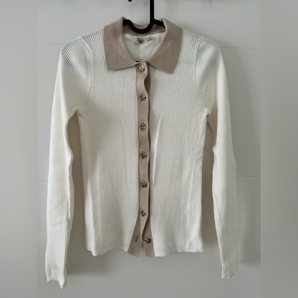 Faherty Woman White/Cream Contrast Trim Cotton Cashmere Slim Ribbed Cardigan XS